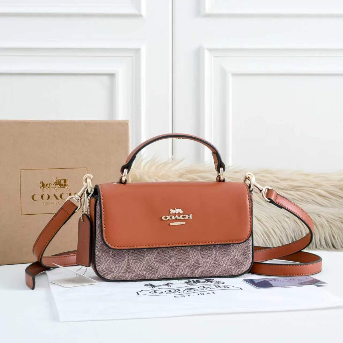Coach 412 Structured Handbag | Classic Mini Bag with Box | 19×5×6cm