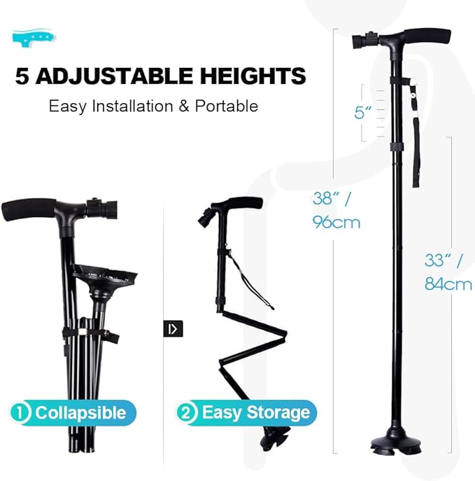 Foldable Walking Cane with LED Light – Adjustable Mobility Aid