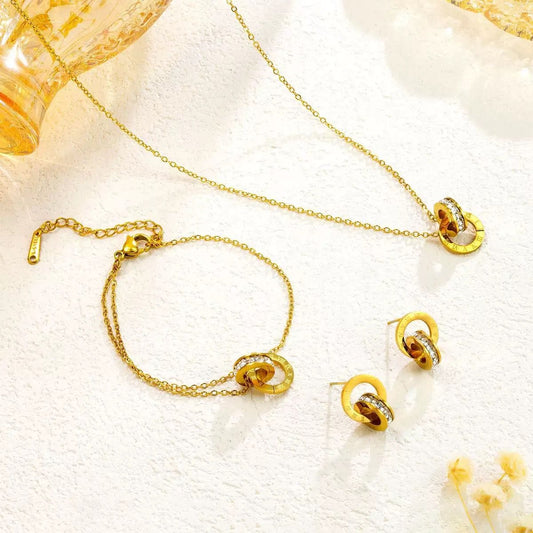 Bvlgari B.zero1 Inspired Double Ring Jewellery Set | Gold-Tone Roman Numeral Crystal Necklace, Bracelet & Earrings