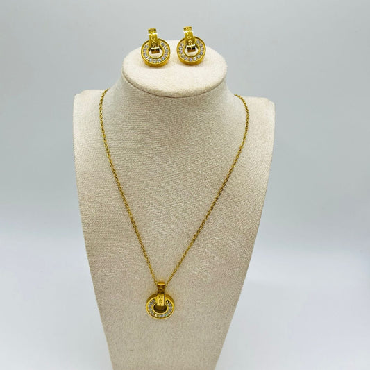 Bvlgari Inspired Circle Pendant Necklace & Earrings Set | Gold-Tone Crystal Pavé Jewellery