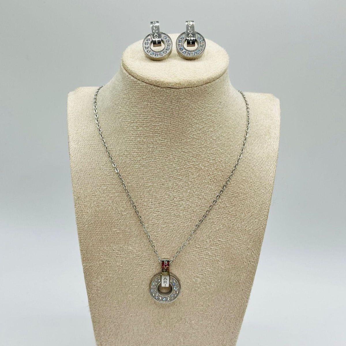Bvlgari Inspired Circle Pendant Necklace & Earrings Set | Gold-Tone Crystal Pavé Jewellery