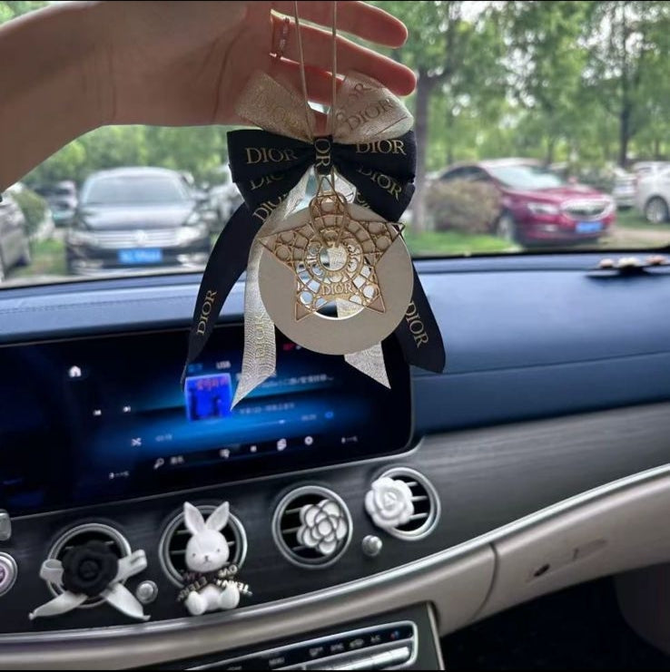Dior Inspired Car Fragrance Stone Hanger | Satin Ribbon Bow & Gold Star | Car Air Freshener