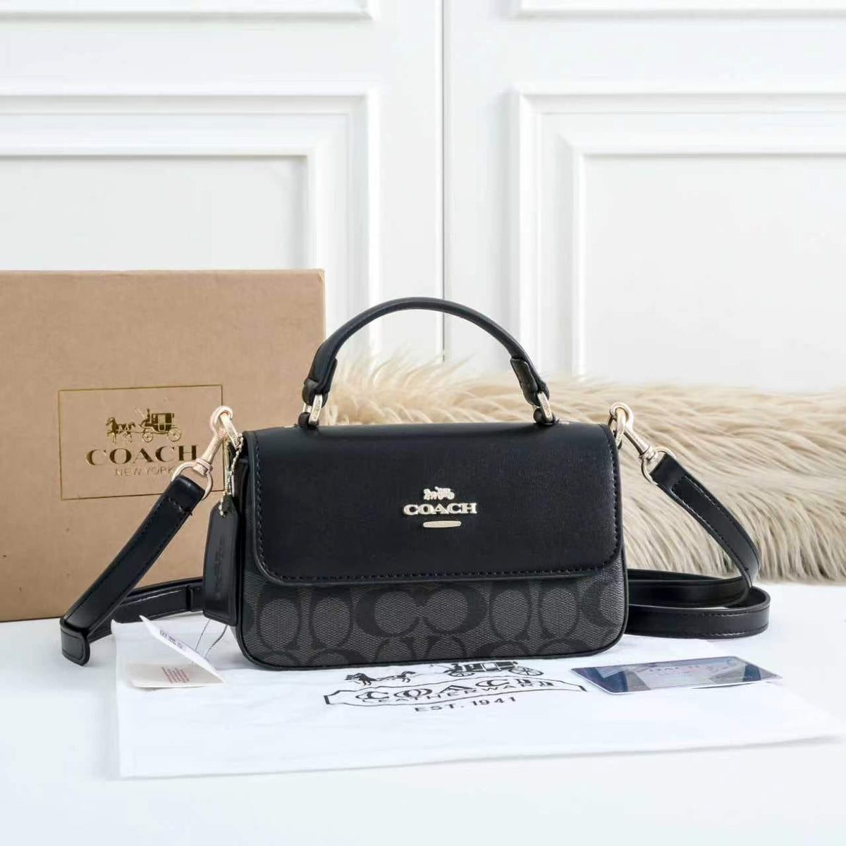Coach 412 Structured Handbag | Classic Mini Bag with Box | 19×5×6cm