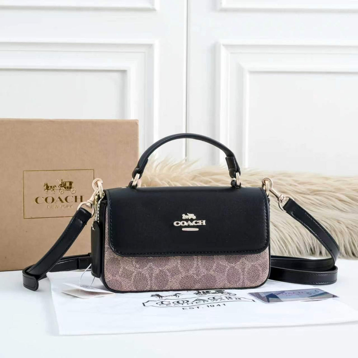 Coach 412 Structured Handbag | Classic Mini Bag with Box | 19×5×6cm