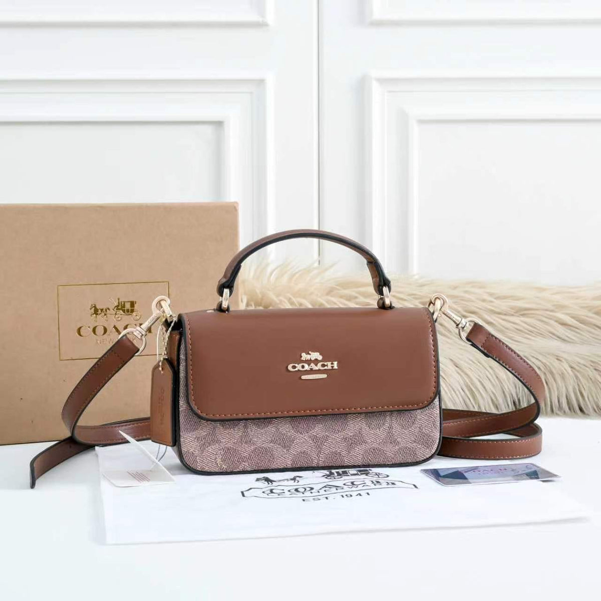 Coach 412 Structured Handbag | Classic Mini Bag with Box | 19×5×6cm
