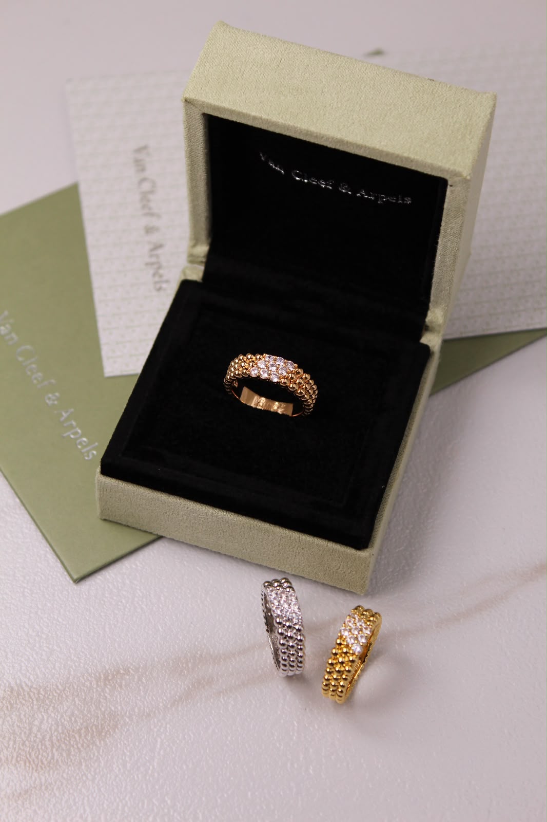 Van Cleef & Arpels Perlée Inspired 3-Row Diamond Ring | Gold, Rose Gold & Silver | Crystal Pavé Band